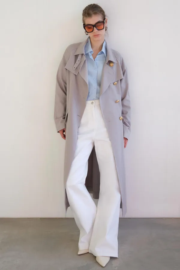 DOUBLE-BREASTED LINEN TRENCH COAT WITH GOLD BUTTONS DOUBLE-BREASTED LINEN TRENCH COAT WITH GOLD BUTTONS