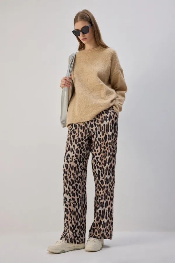 LEOPAR DESENLİ BELİ LASTİKLİ PANTOLON