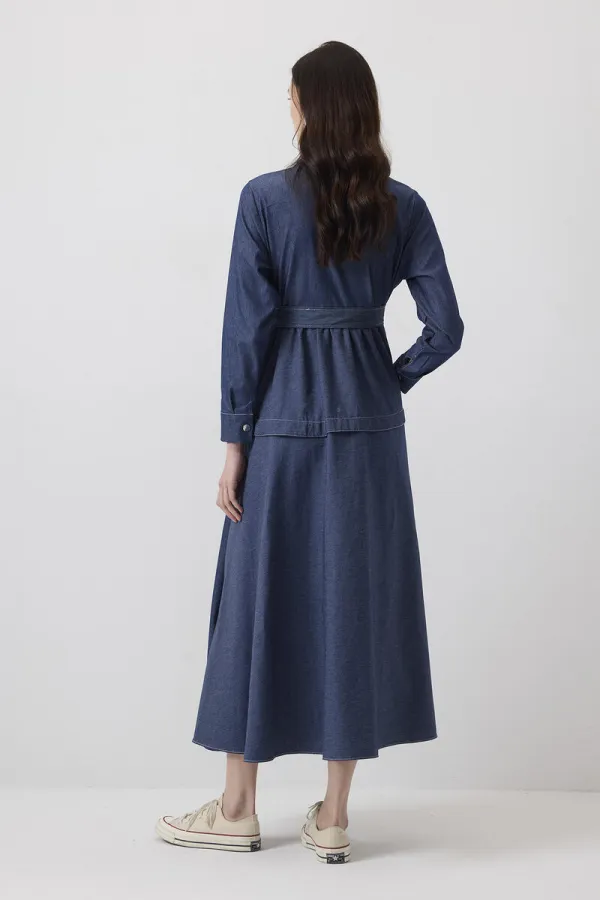 KONTRAST DİKİŞLİ GÖMLEK YAKA ELBİSE