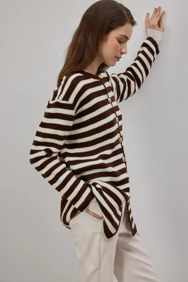 GOLD BUTTONED STRIPED LONG CARDIGAN