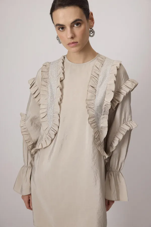 STONE-EMBELLISHED RUFFLED CUPRA TUNIC