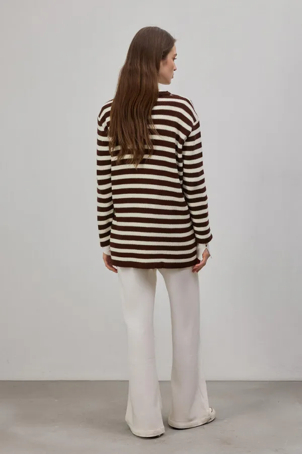 GOLD BUTTONED STRIPED LONG CARDIGAN