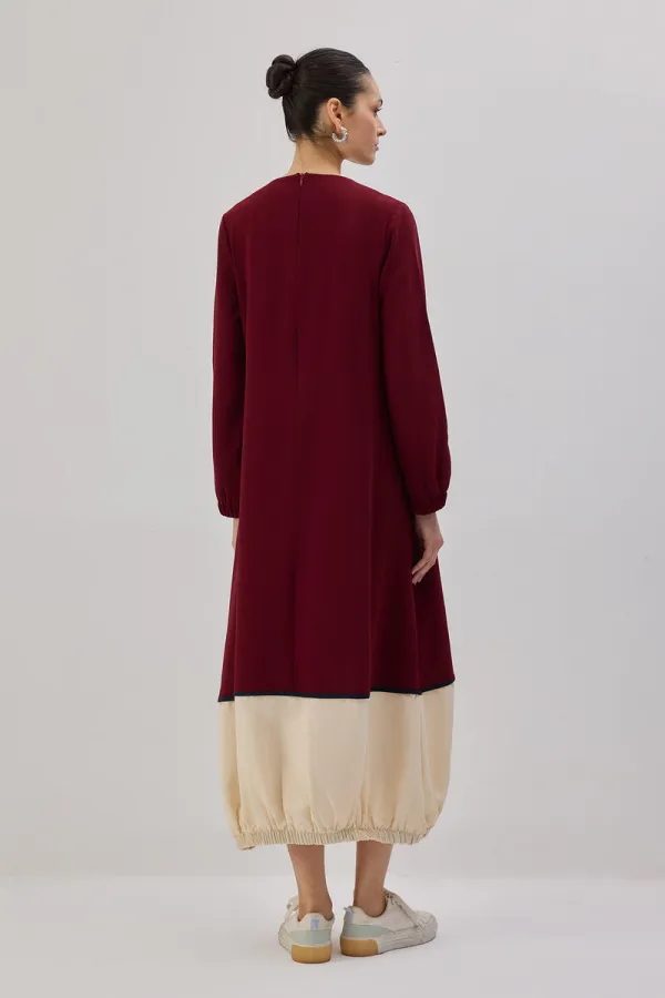 KONTRAST RENKLİ BÜZGÜLÜ ELBİSE