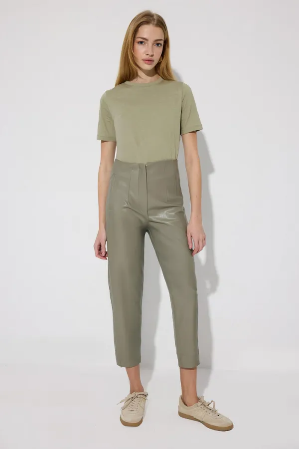 PENSLİ YÜKSEK BEL VEGAN DERİ PANTOLON