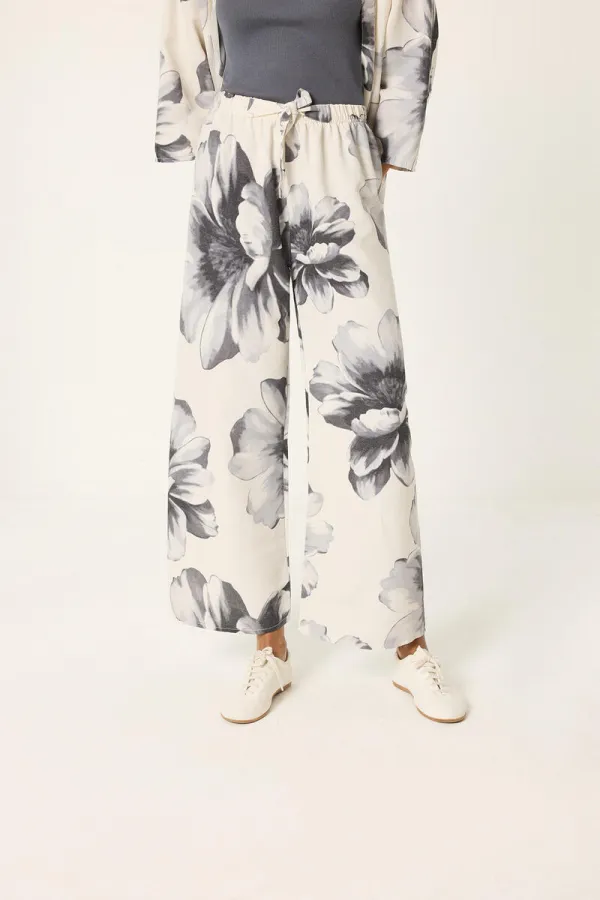 DESENLİ KETEN KİMONO PANTOLON TAKIM