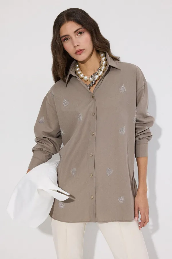 CHEMISE EN POPLINE ORNÉE DE PIERRES