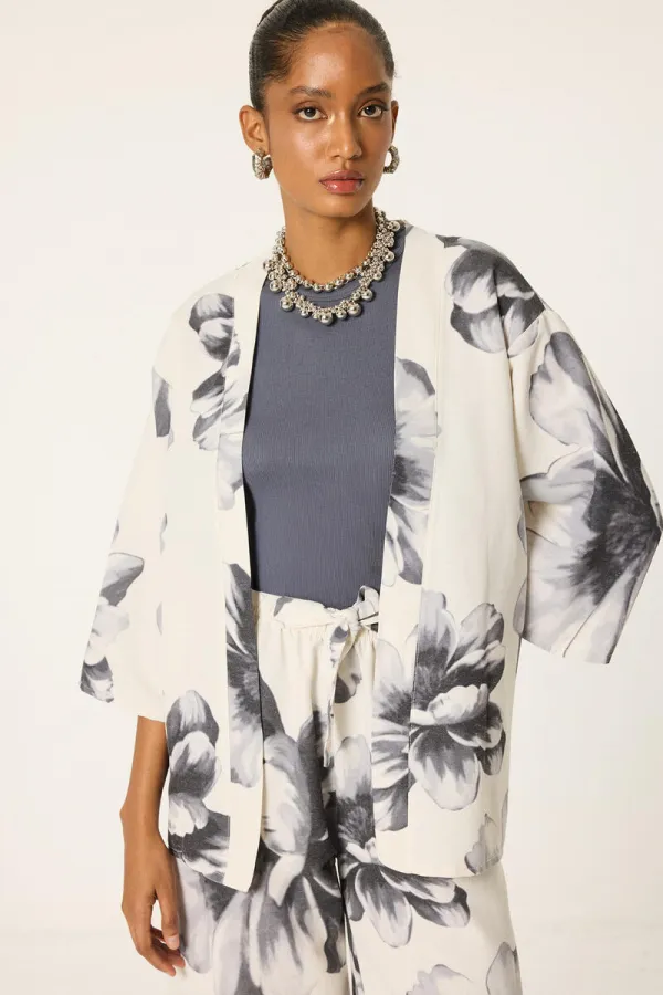 DESENLİ KETEN KİMONO PANTOLON TAKIM