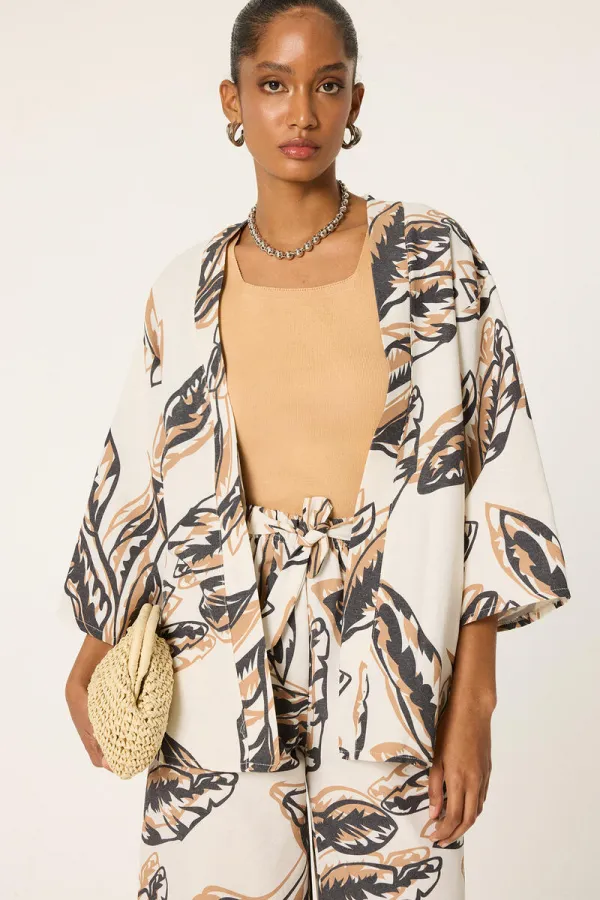 DESENLİ KETEN KİMONO PANTOLON TAKIM