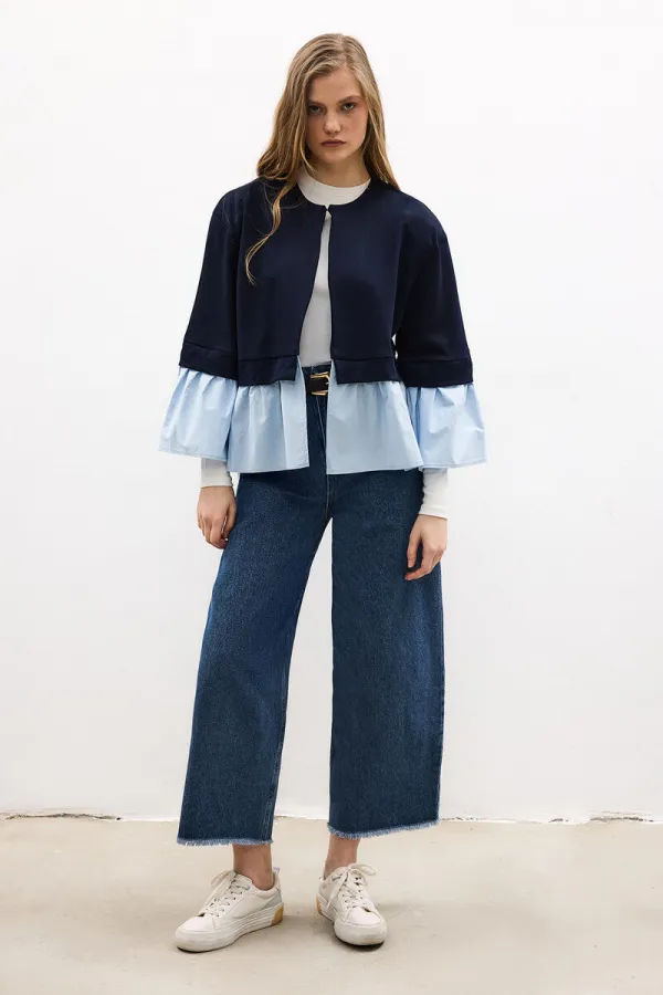 VESTE TRICOTÉE À GARNITURE EN POPLINE