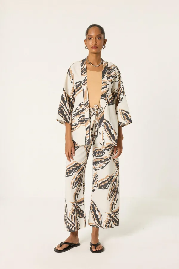 DESENLİ KETEN KİMONO PANTOLON TAKIM