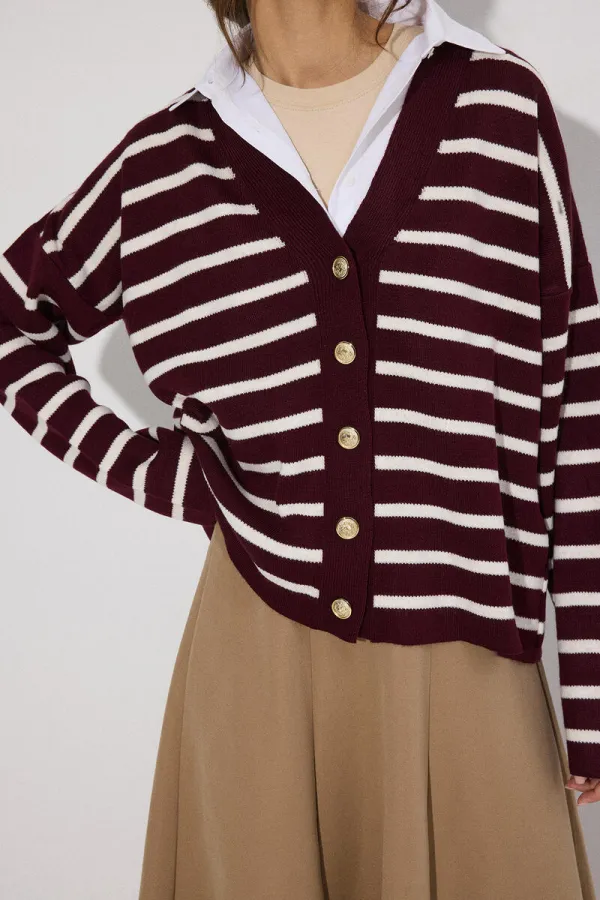 GÖMLEK DETAYLI ÇİZGİLİ TRİKO HIRKA