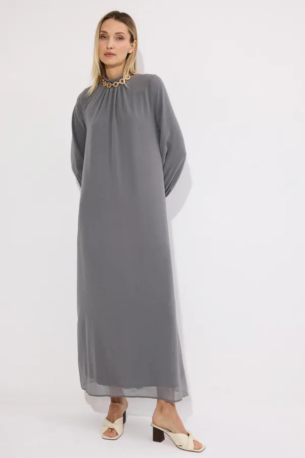 DİK YAKA ŞİFON ELBİSE