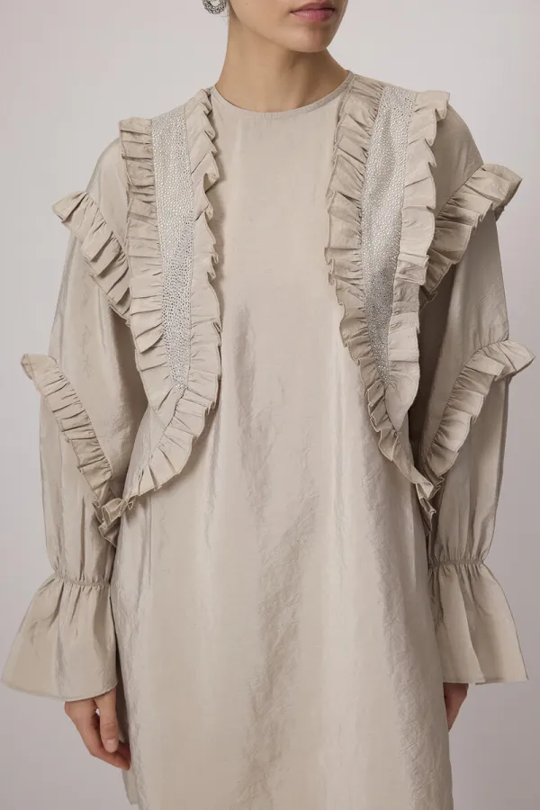 STONE-EMBELLISHED RUFFLED CUPRA TUNIC
