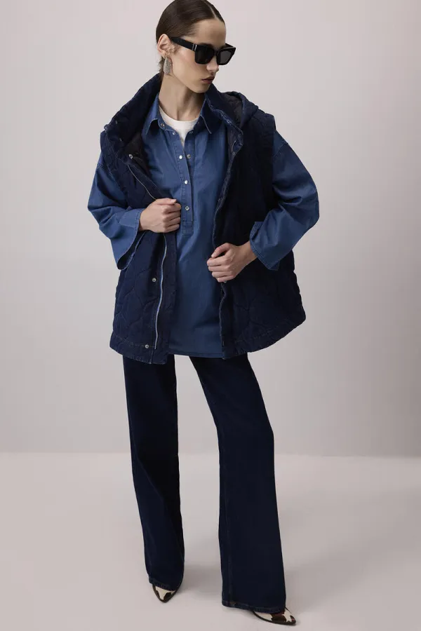 DENIM EFFECT SHIRT COLLAR TUNIC