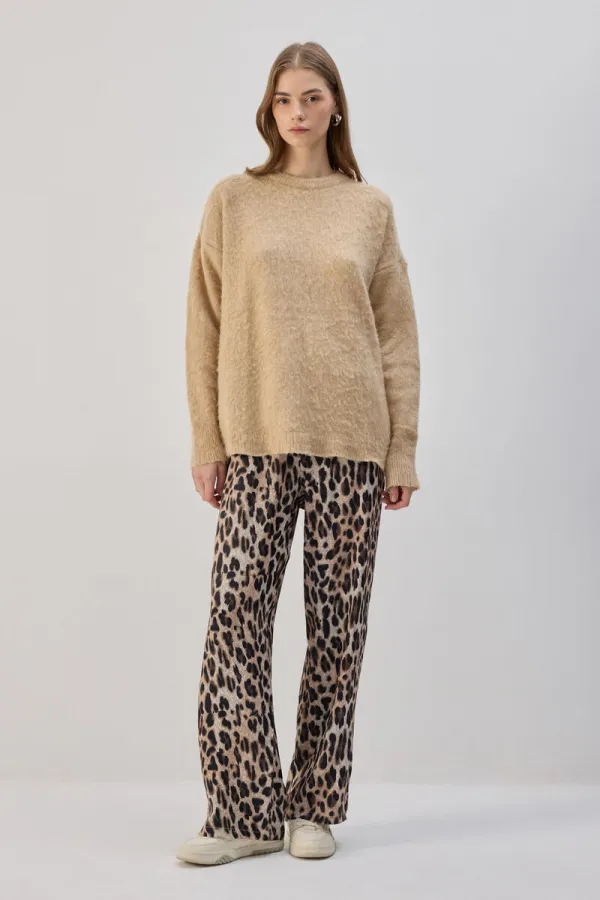 LEOPAR DESENLİ BELİ LASTİKLİ PANTOLON