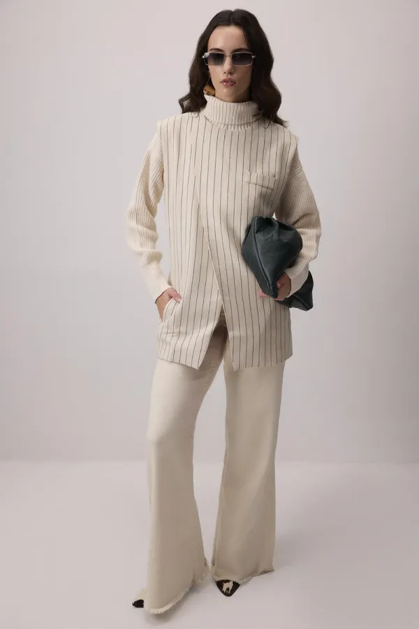 KETEN DOKULU ÇİZGİLİ YELEK