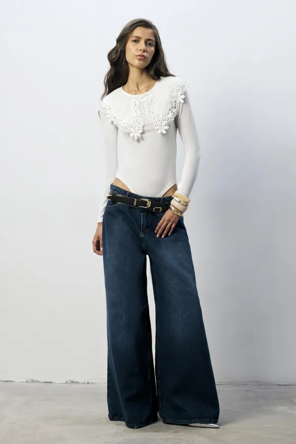 Embroidered Collar Snap Button Bodysuit