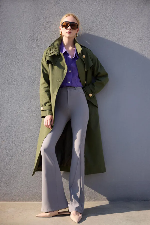 DOUBLE-BREASTED TRENCH COAT WITH BELTS AND GOLD BUTTONS
