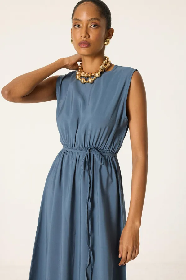 CROP CEKETLİ BELİ BÜZGÜLÜ ELBİSE