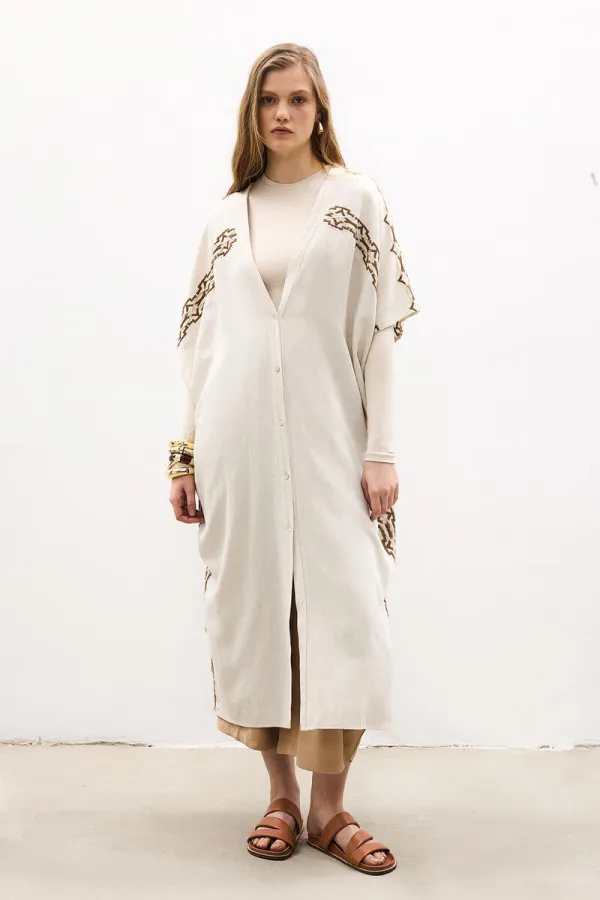 KETEN NAKIŞLI KOLSUZ KİMONO