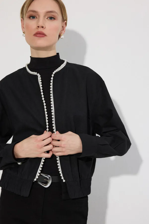 VESTE BOMBER EN LIN ORNÉE DE PERLES