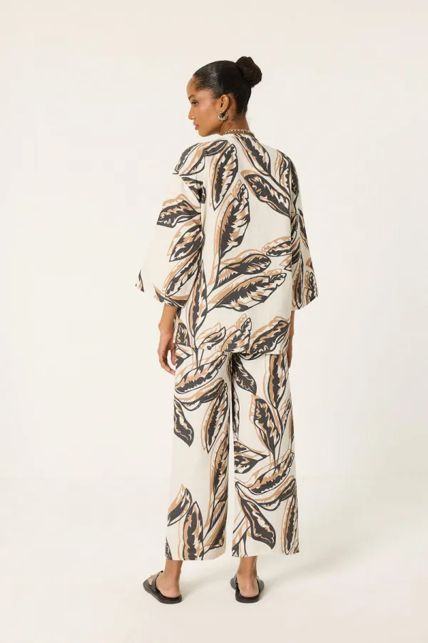 DESENLİ KETEN KİMONO PANTOLON TAKIM