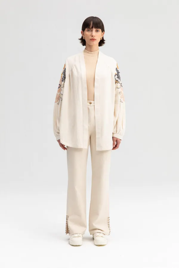 NAKIŞLI KETEN KİMONO CEKET