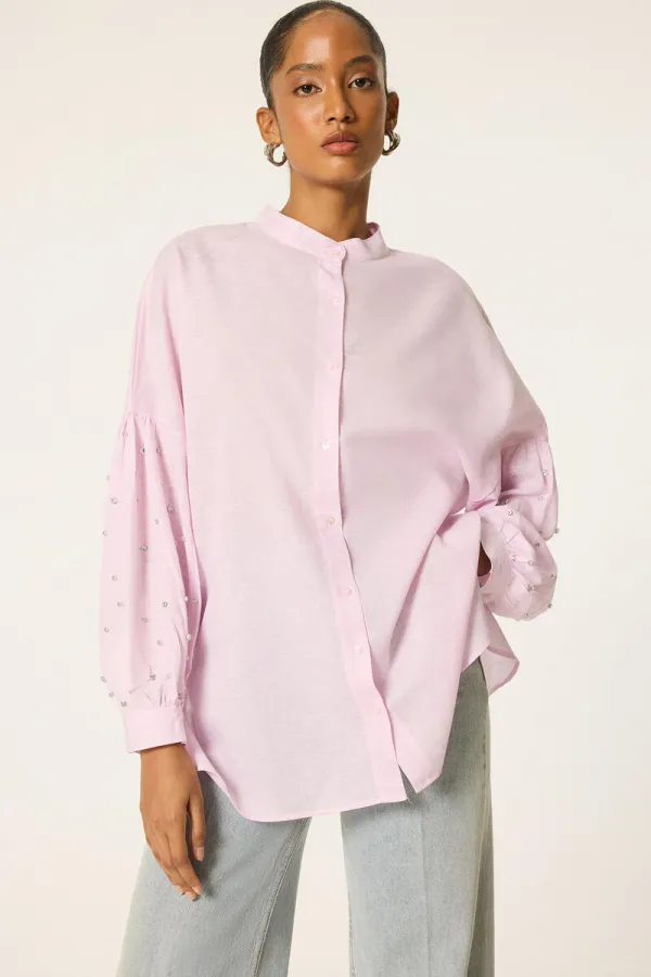 BALLOON SLEEVE STONE EMBELLISHED RELAX SHIRT