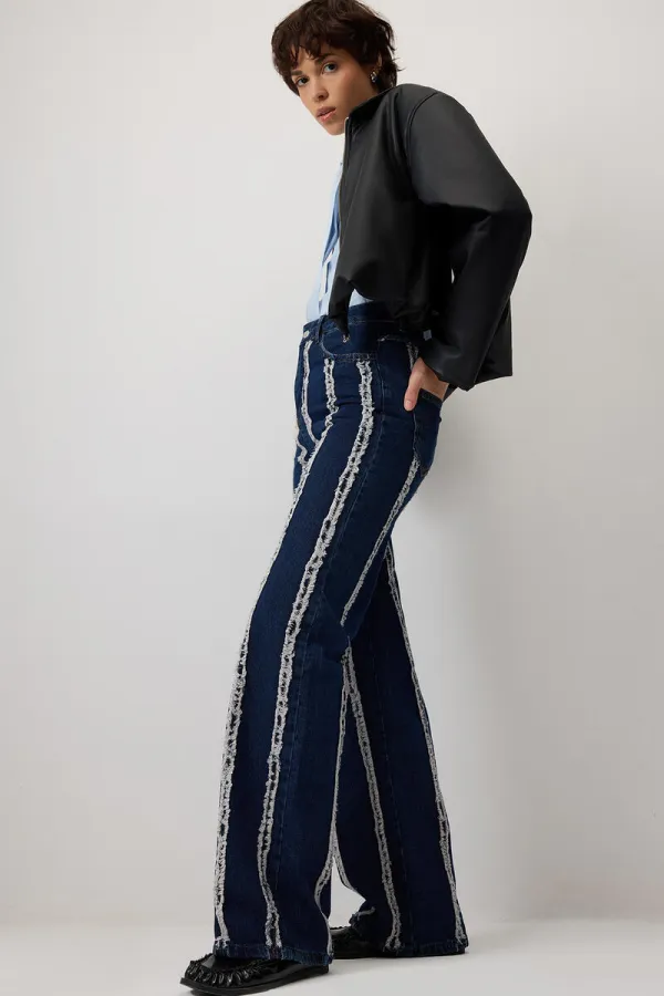 PÜSKÜLLÜ PARÇALI DENIM PANTOLON