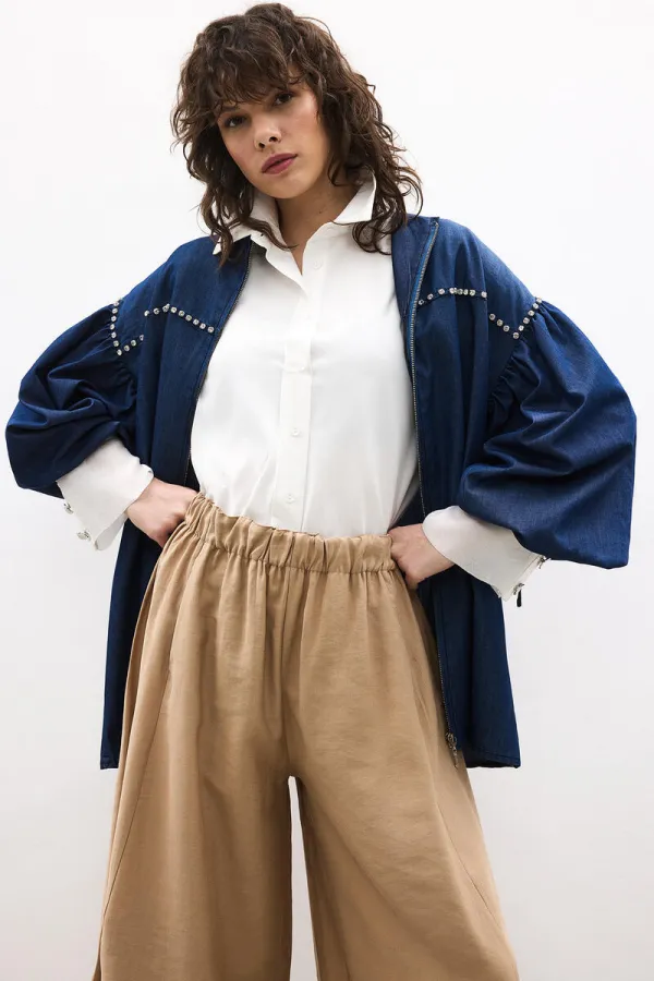 DENİM EFEKTLİ TAŞ İŞLEMELİ OVERSIZE CEKET