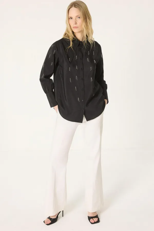 ASİMETRİK YAKA TAŞLI KUPRA GÖMLEK