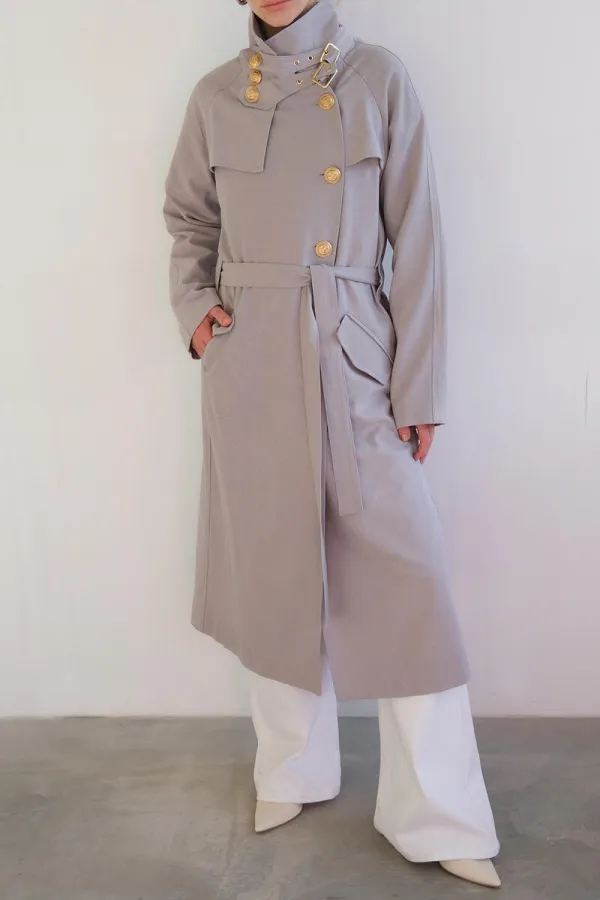 DOUBLE-BREASTED LINEN TRENCH COAT WITH GOLD BUTTONS DOUBLE-BREASTED LINEN TRENCH COAT WITH GOLD BUTTONS