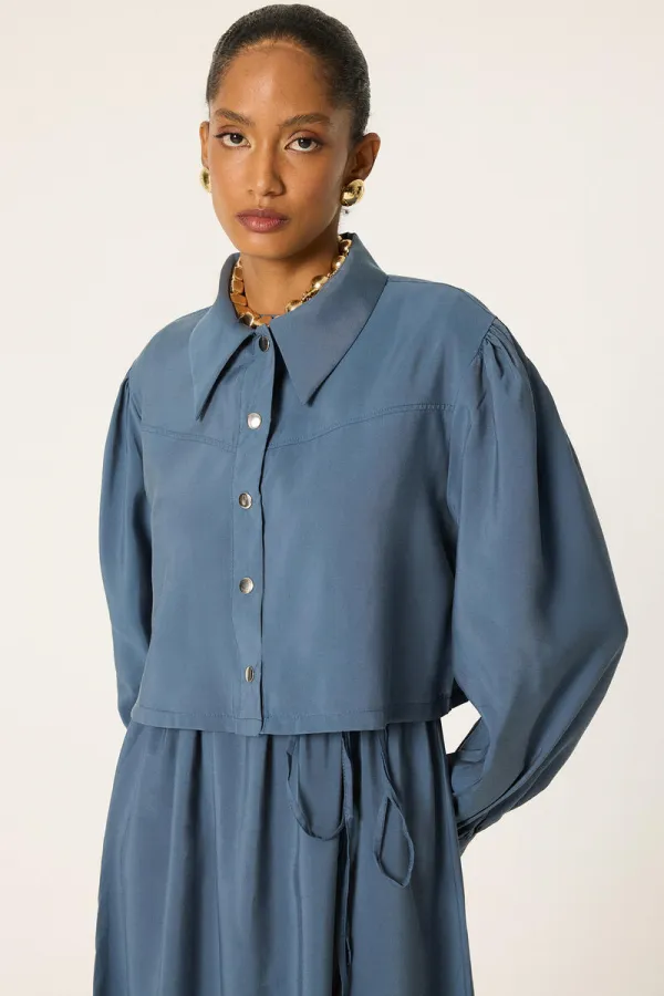 CROP CEKETLİ BELİ BÜZGÜLÜ ELBİSE