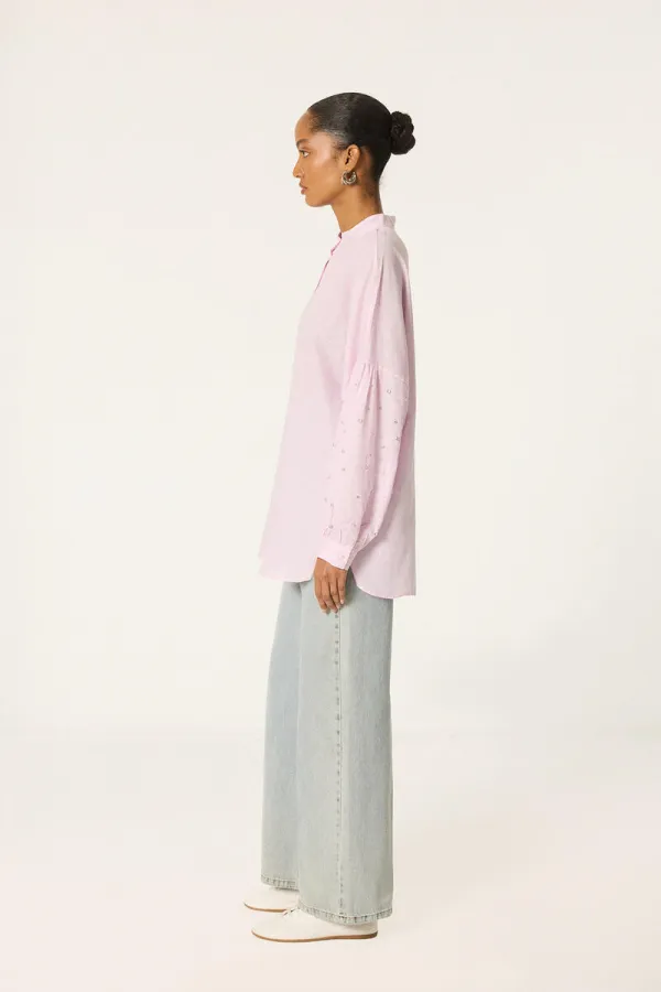 BALLOON SLEEVE STONE EMBELLISHED RELAX SHIRT