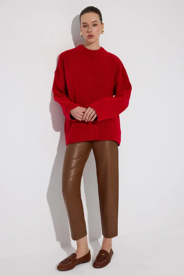 PENSLİ YÜKSEK BEL VEGAN DERİ PANTOLON