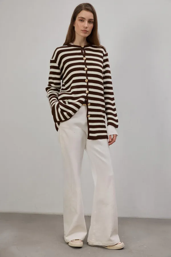 GOLD BUTTONED STRIPED LONG CARDIGAN
