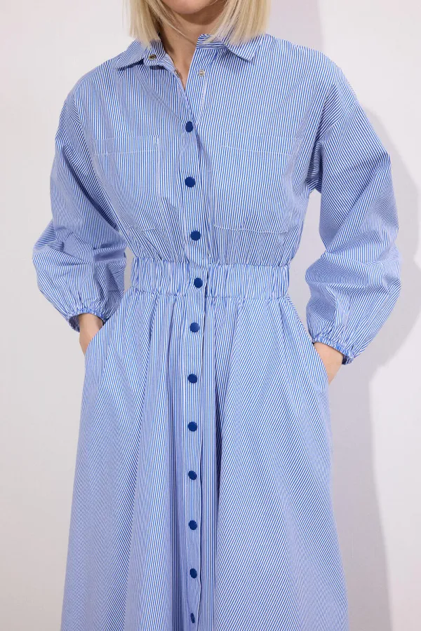 STRIPED ELASTIC WAIST SHIRT DRESS