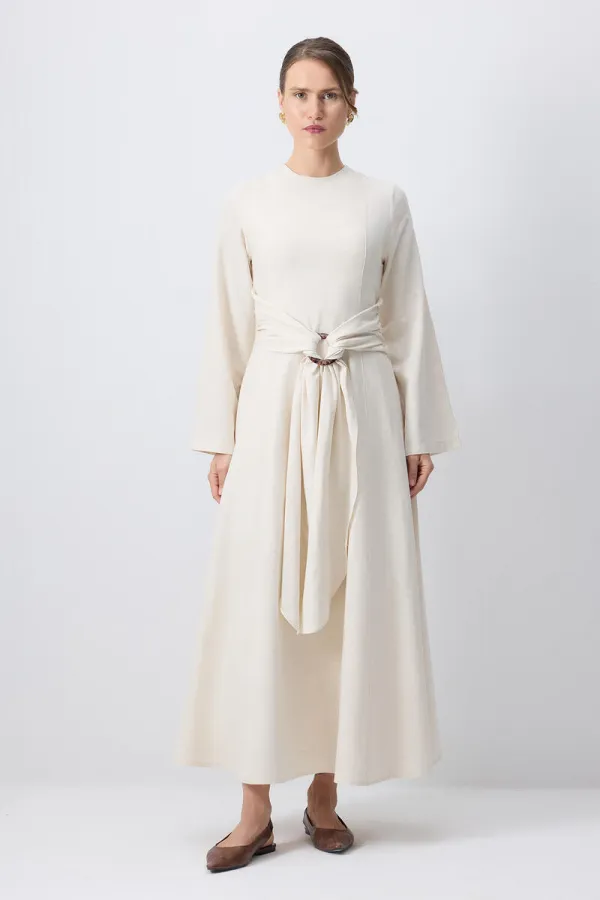 DOĞAL DOKULU KEMER DETAYLI ELBİSE