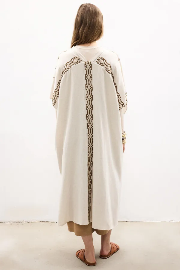 KETEN NAKIŞLI KOLSUZ KİMONO