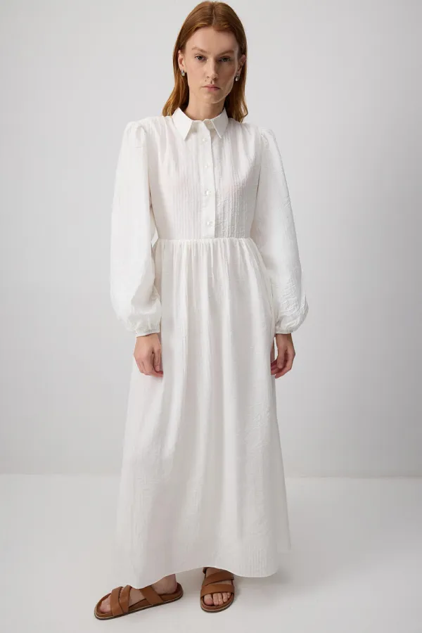 KUŞAKLI GÖMLEK YAKA ELBİSE