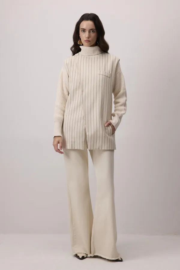 KETEN DOKULU ÇİZGİLİ YELEK