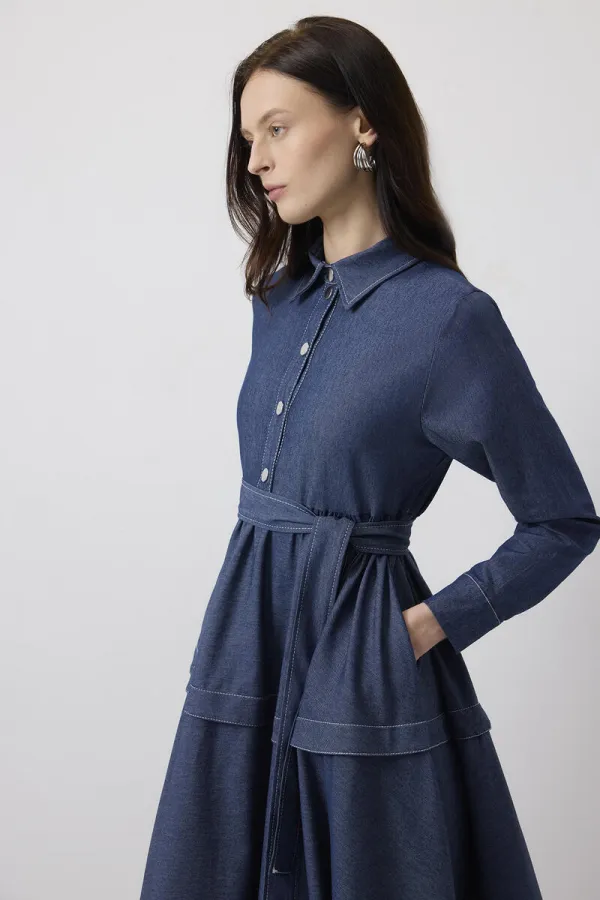 KONTRAST DİKİŞLİ GÖMLEK YAKA ELBİSE