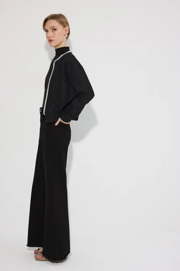 VESTE BOMBER EN LIN ORNÉE DE PERLES