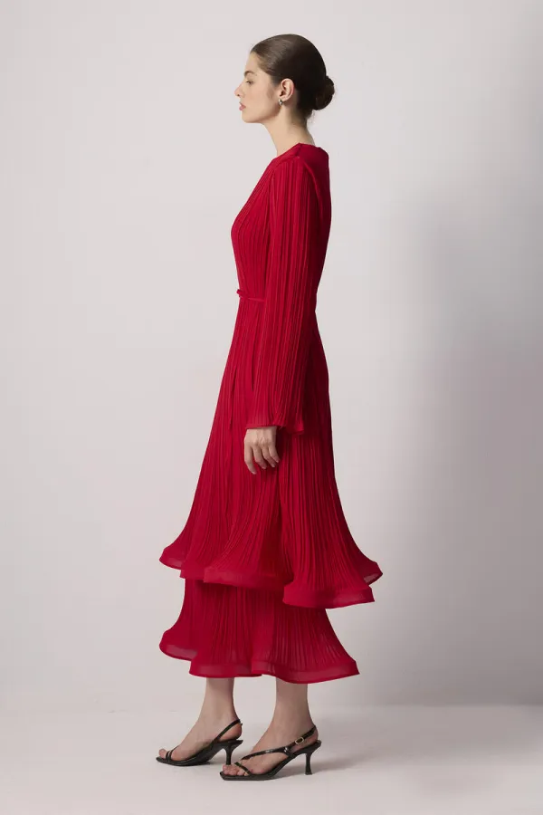 BİYE KEMERLİ PİLİSELİ ŞİFON ELBİSE