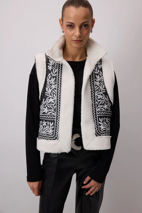 VEGAN LEATHER EMBROIDERED FUR VEST