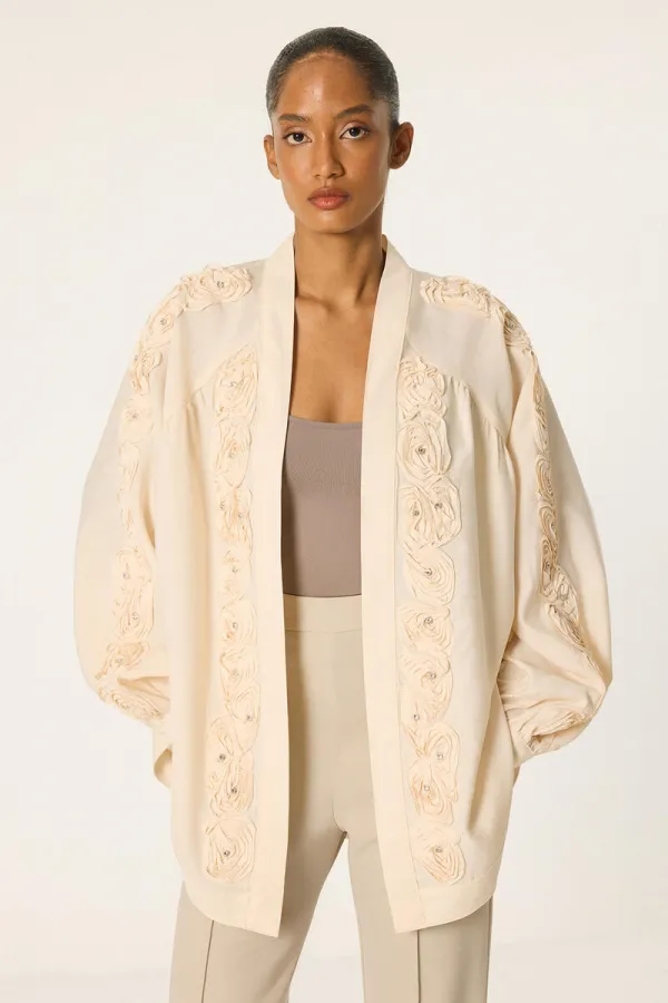 KIMONO WITH ROSE EMBELLISHMENT AND STONES