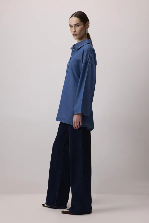 DENIM EFFECT SHIRT COLLAR TUNIC