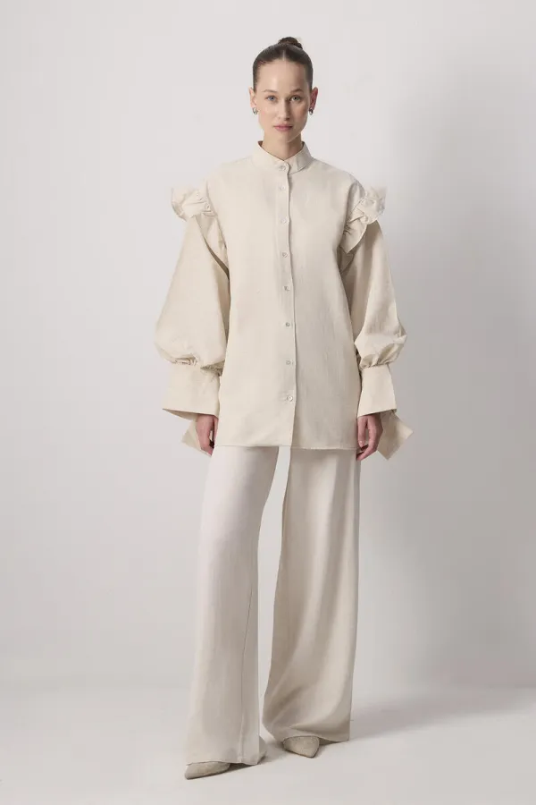 LINEN TEXTURED RUFFLED SHIRT