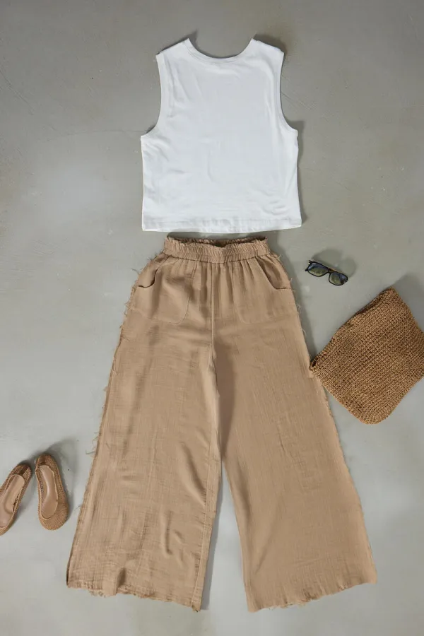 WIDE-LEG MUSLIN PANTS WITH POCKETS WIDE-LEG MUSLIN PANTS WITH POCKETS