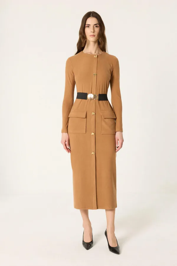 KNITTED DRESS WITH GOLD BUTTONS AND BELT